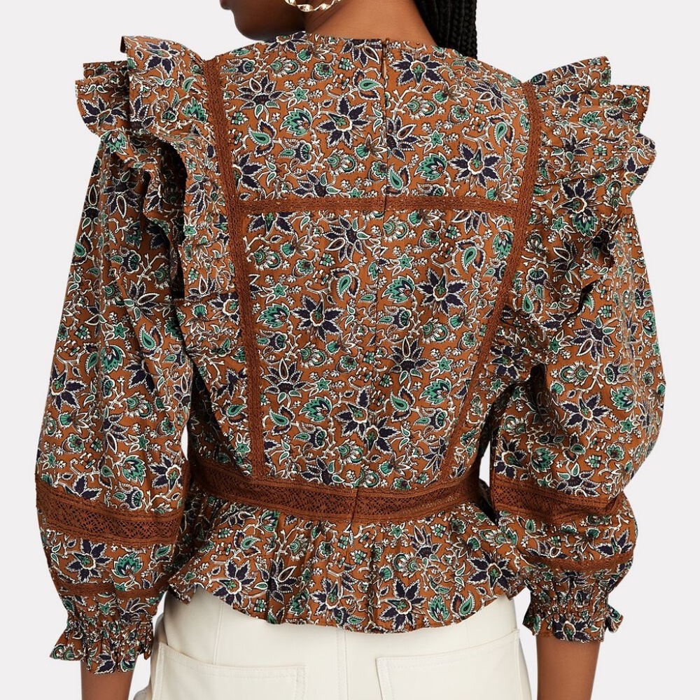 Veronica Beard Long Sleeve Floral WESLAYAN Ruffle Blouse in Cinnamon Brown Sz 2 - Picture 3 of 13